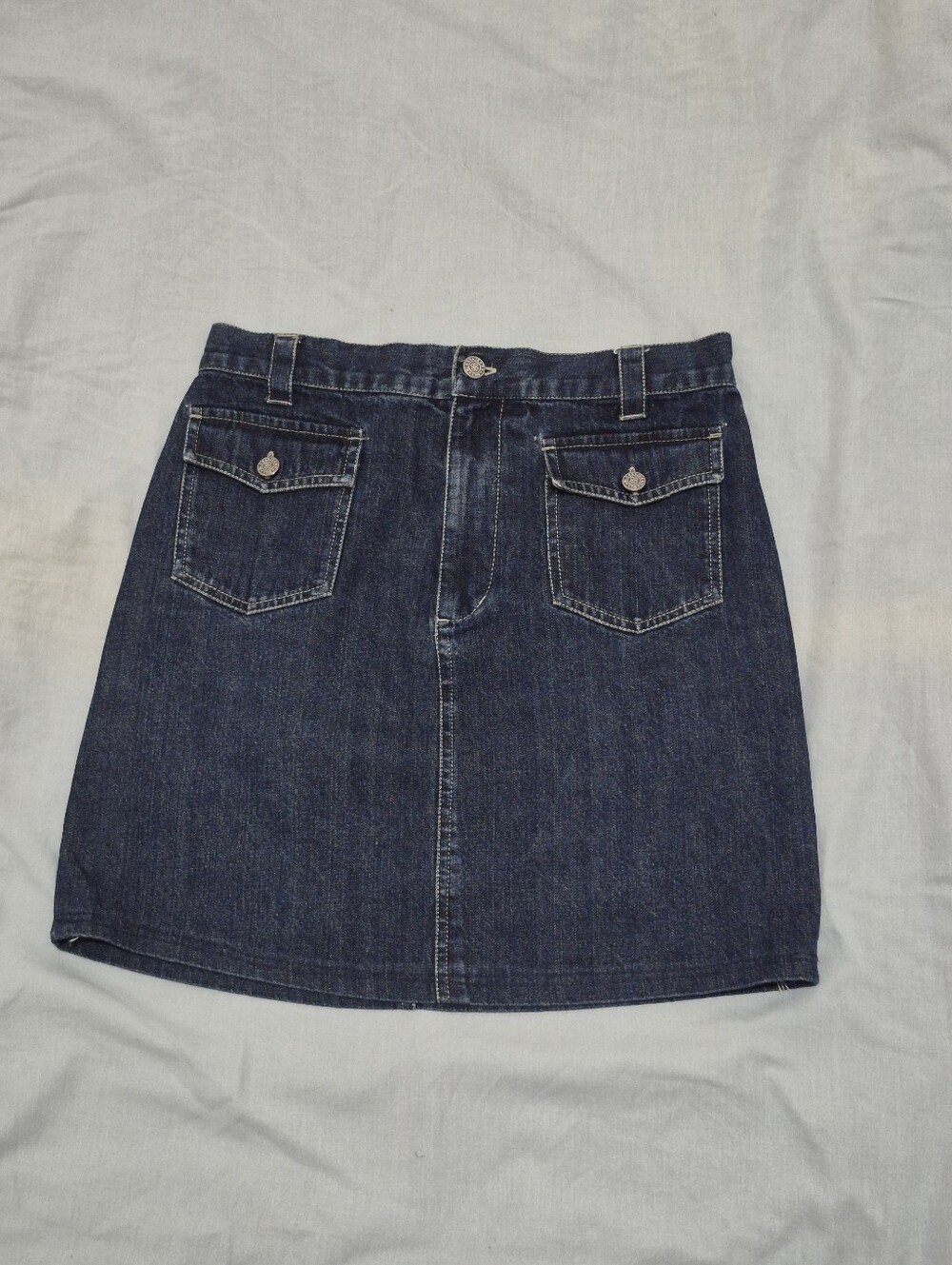 bill blass Dark Denim Mini Skirt with Front Flap Pockets